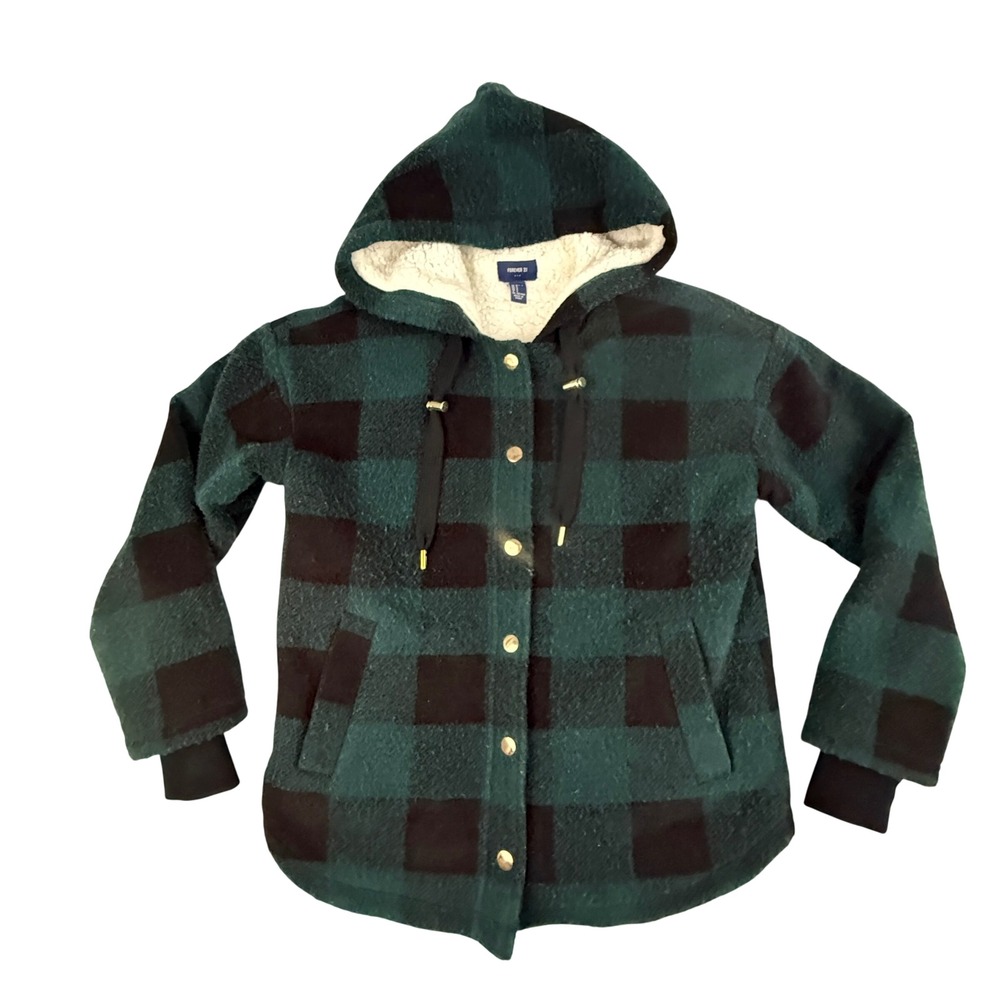 Forever 21 Buffalo Plaid Sherpa Lined Hooded Jacket Womens Small Green Black